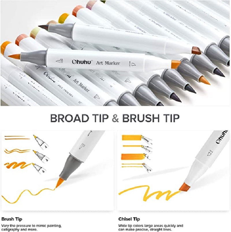 Ohuhu Honolulu Set 24 Markere, Baza Alcool, Dual Tips Brush&Chisel, Skin Tones Y30-80400-50