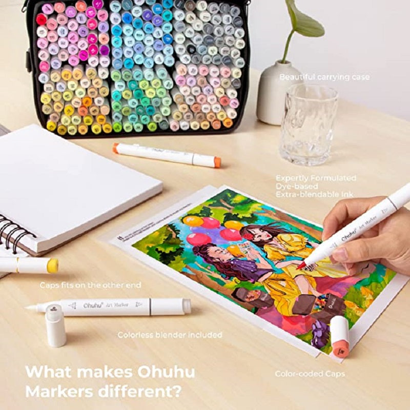 Ohuhu Honolulu Set 216+1 Markere, Baza Alcool, Dual Tips Brush&Chisel, Multicolor Y30-80401-50