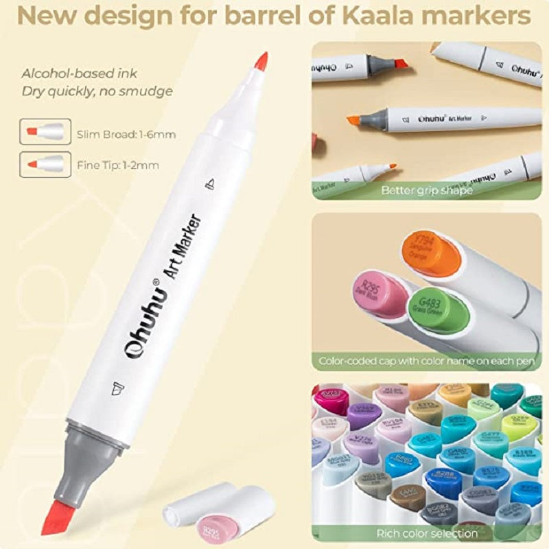 Ohuhu Kaala Series Set 60 Markere, Baza Alcool, Dual Tips Slim Broad&Fine, Illustration Tones Y30-80402-35