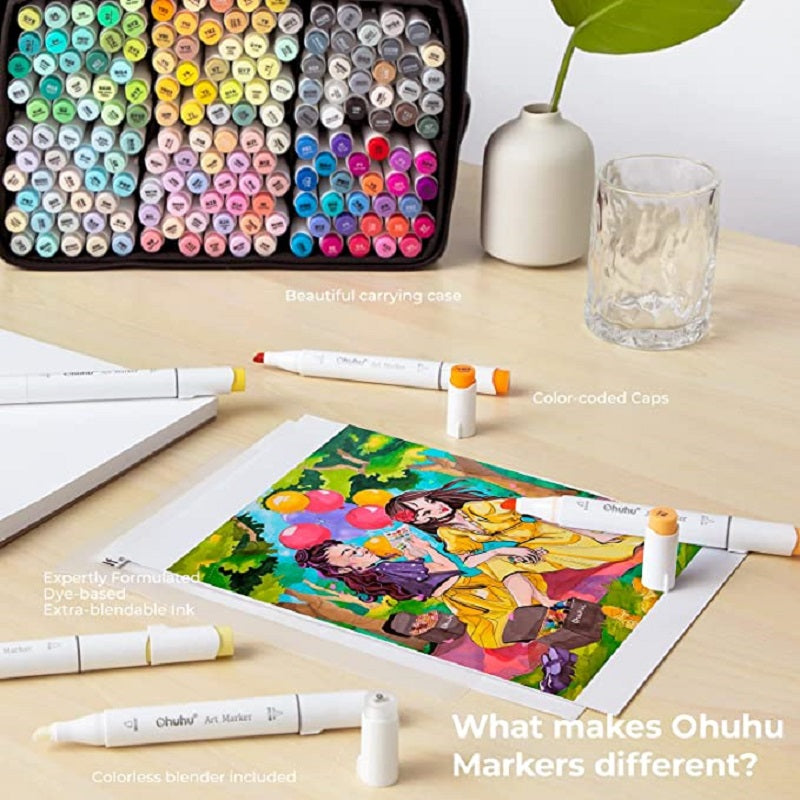 Ohuhu Honolulu Set 168 Markere, Baza Alcool, Dual Tips Brush&Chisel, Multicolor Y30-80400-88
