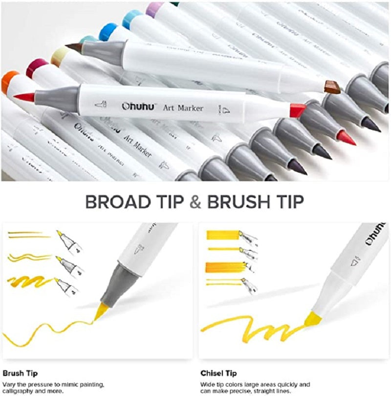 Ohuhu Honolulu Set 120 Markere, Baza Alcool, Dual Tips Brush&Chisel, Multicolor Y30-80400-32