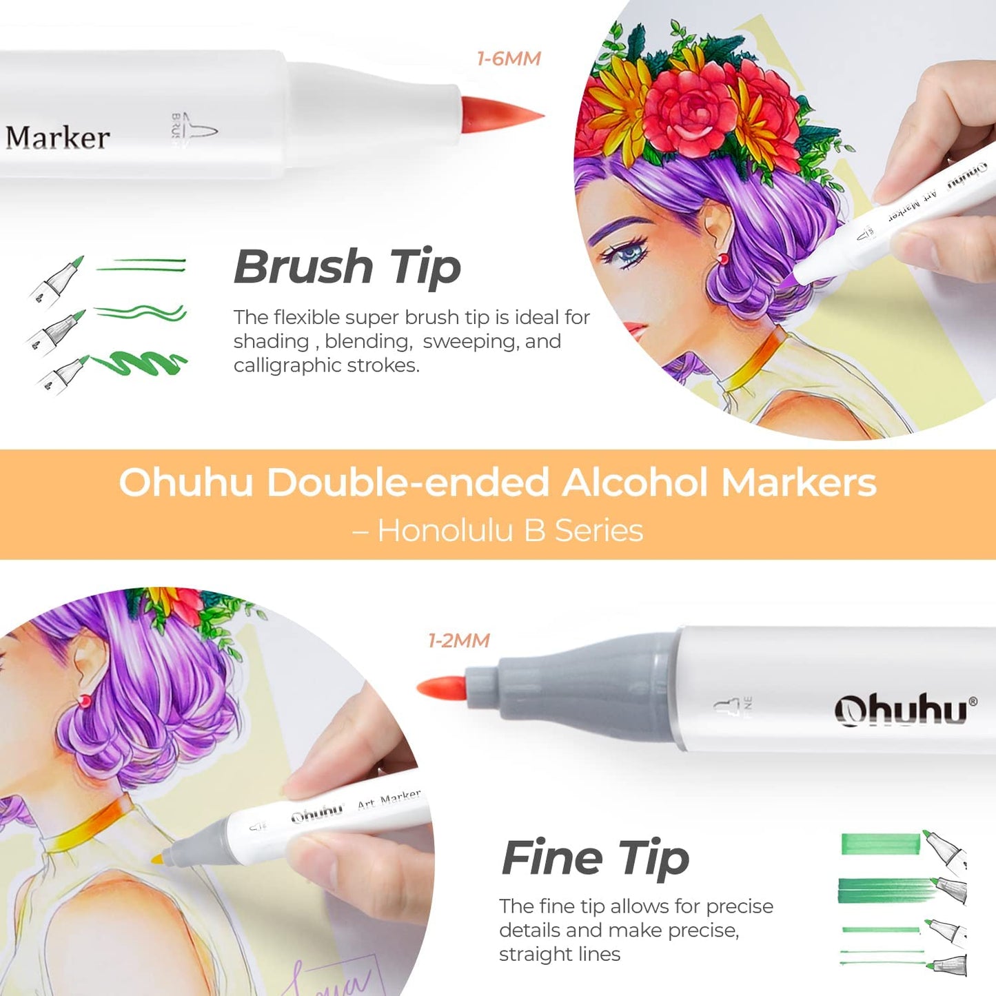Ohuhu Honolulu B Set 48 Markere, Baza Alcool, Dual Tips Brush&Fine, Multicolor Y30-80400-40