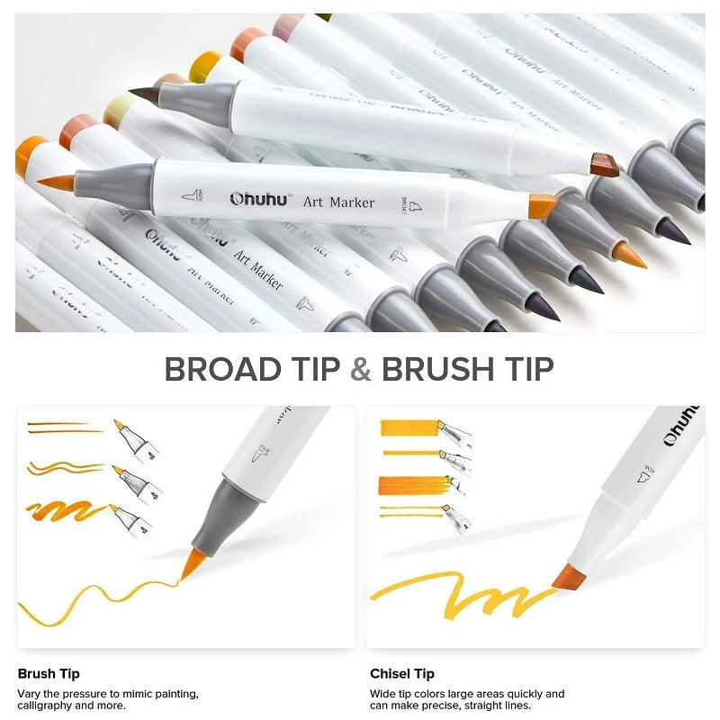 Ohuhu Honolulu Set 216+1 Markere, Baza Alcool, Dual Tips Brush&Chisel, Multicolor Y30-80401-50