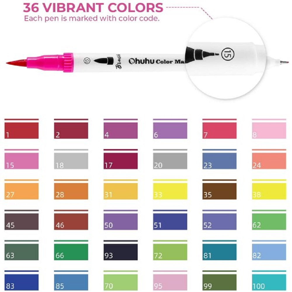 Ohuhu Maui Series Set 36 Markere, Baza Apa, Dual Tips Brush&Fineliner, Multicolor Y30-80400-18