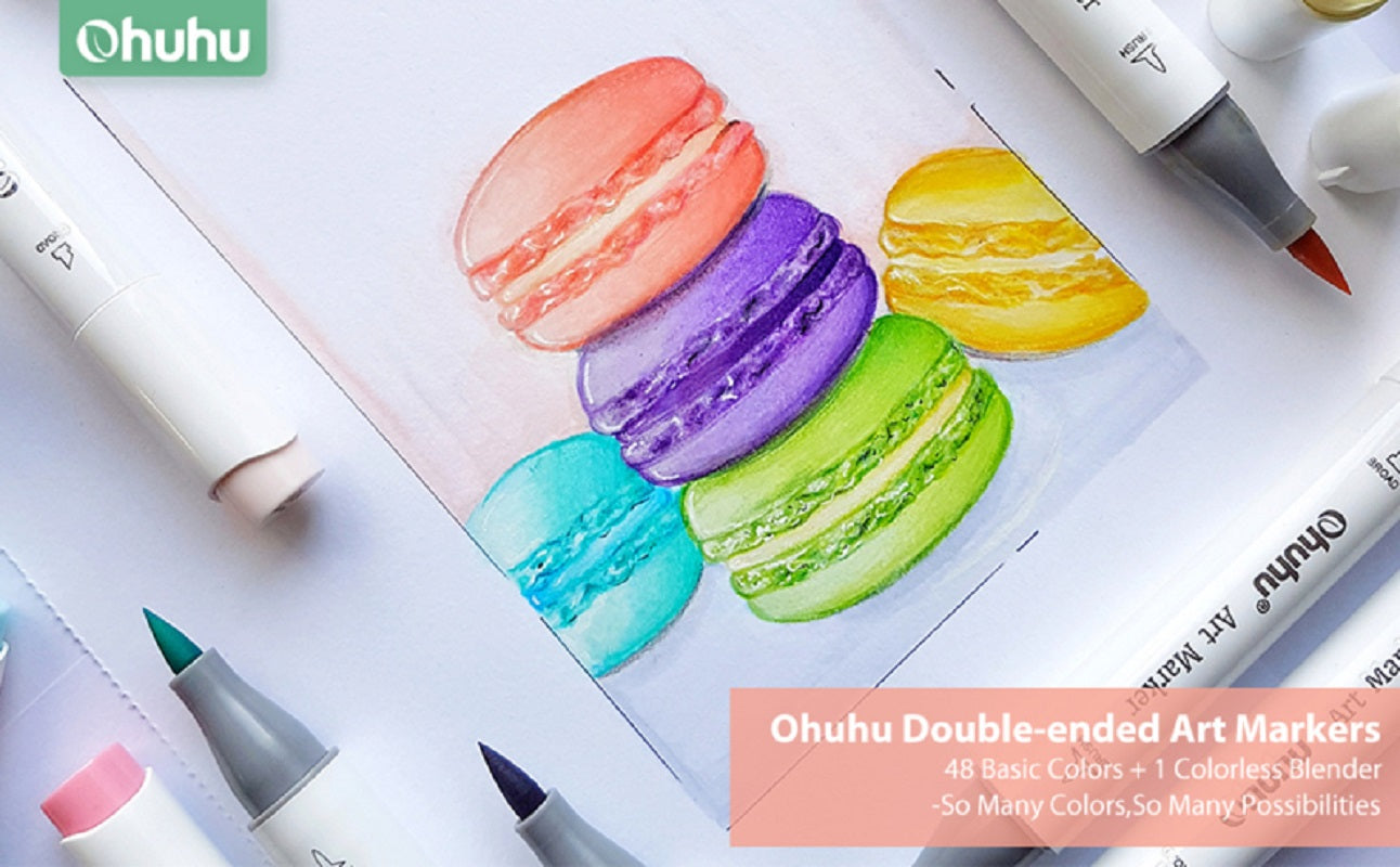 Ohuhu Honolulu B, Set 48 Markere, Baza Alcool, Dual Tips Brush&Fine, Culori Pastel Y30-80401-57