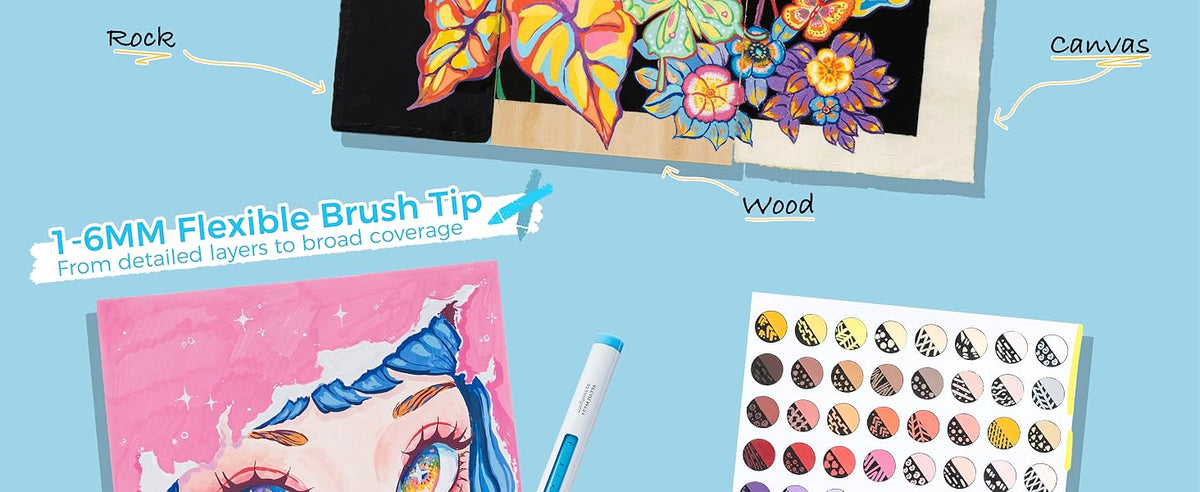 Ohuhu Kahuku Set 72 Markere Acrilice, Direct-Ink, Baza Apa, Varf Flexibil, Pentru Sticla, Ceramica, Pietre, Lemn, Plastic, Hartie, Panza, Multicolor Y30-80602-07