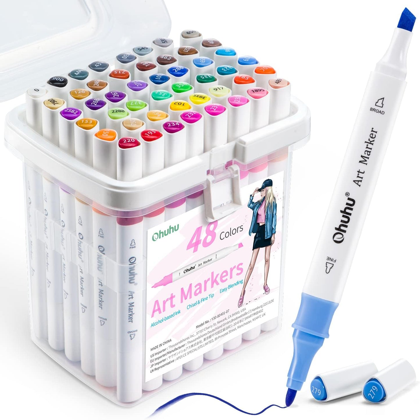 Ohuhu Set 48 Markere, Baza Alcool, Dual Tips Chisel&Fine, Multicolor Y30-80401-07