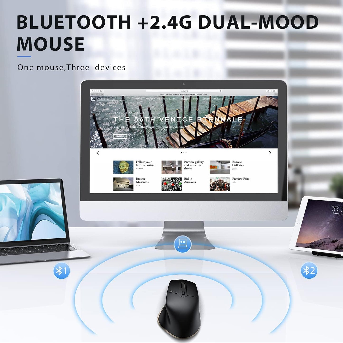 Mouse Bluetooth iClever MD172, Fara Fir, Mod Dublu Bluetooth+USB, Ergonomic, Multi Device, DPI 800/1200/1600/2000/2400, 6 Butoane, Reincarcabil, Negru