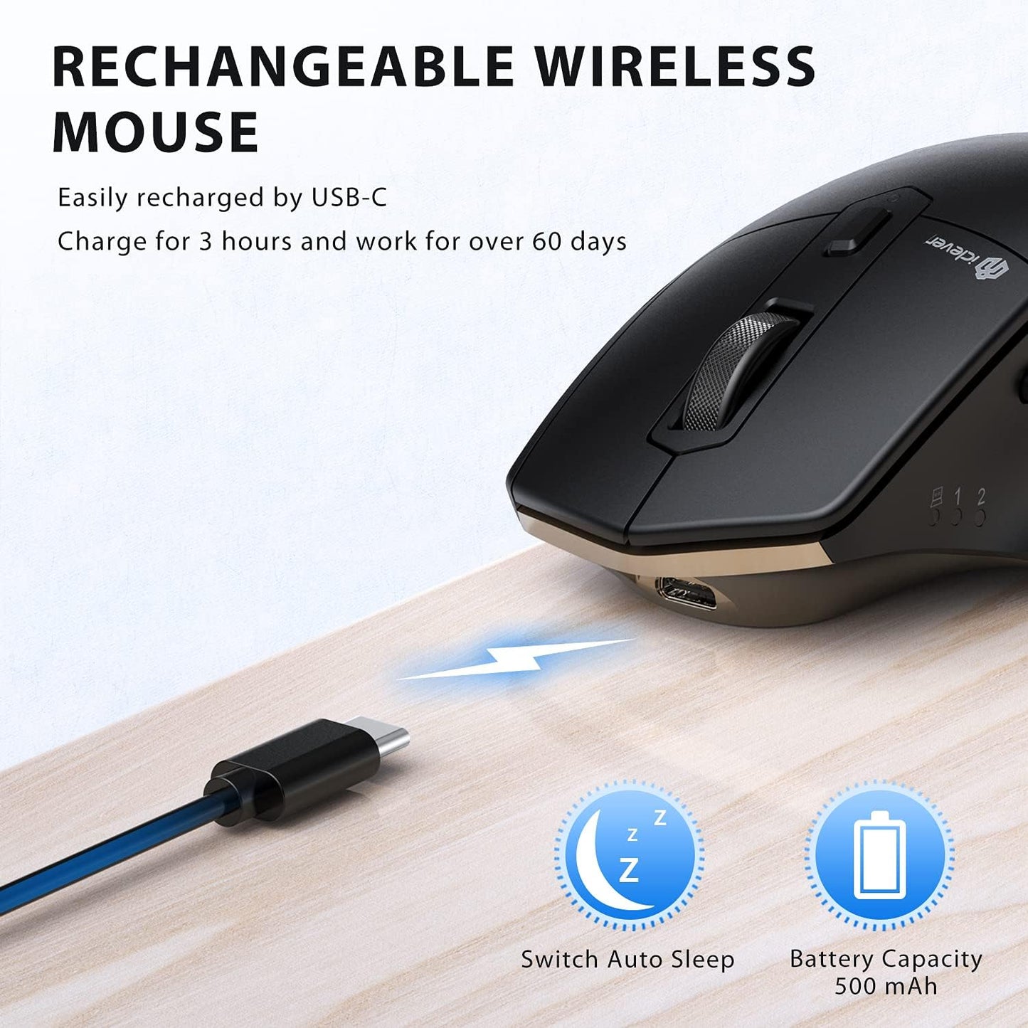 Mouse Bluetooth iClever MD172, Fara Fir, Mod Dublu Bluetooth+USB, Ergonomic, Multi Device, DPI 800/1200/1600/2000/2400, 6 Butoane, Reincarcabil, Negru