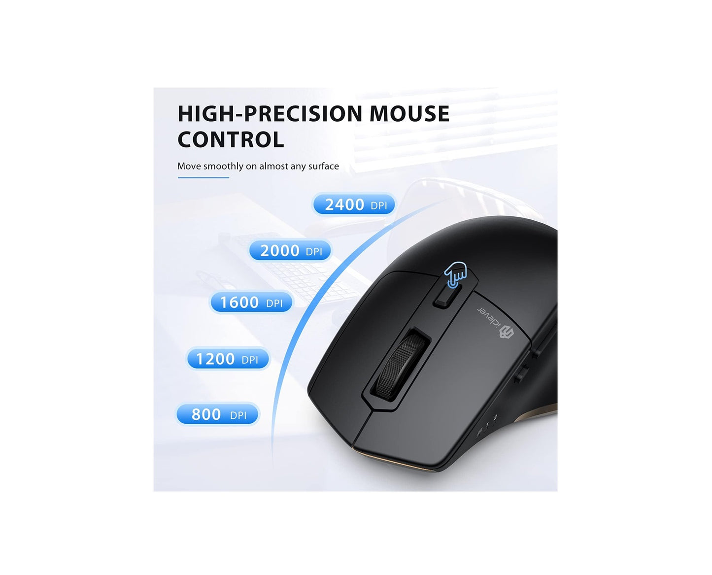 Mouse Bluetooth iClever MD172, Fara Fir, Mod Dublu Bluetooth+USB, Ergonomic, Multi Device, DPI 800/1200/1600/2000/2400, 6 Butoane, Reincarcabil, Negru