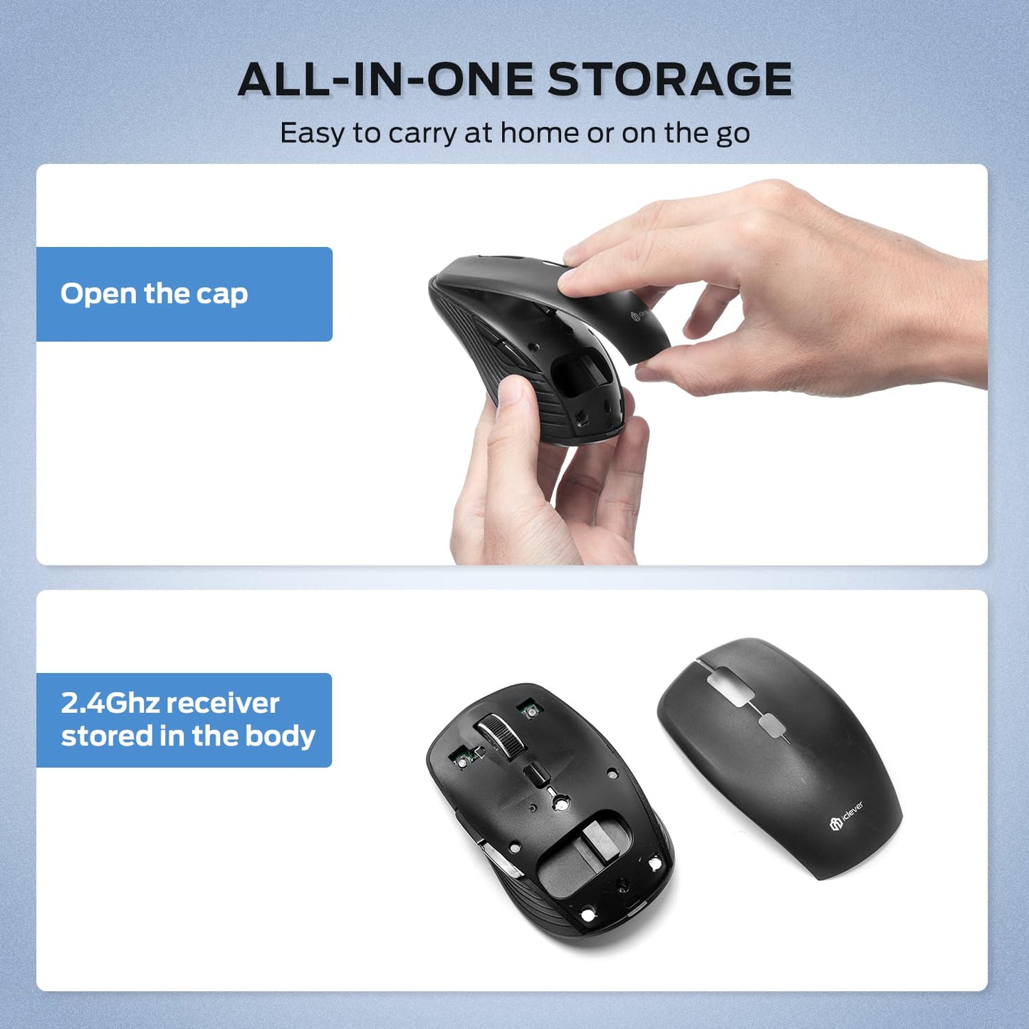 Mouse MD179 iClever Wireless, Dual Mode, 2, 4 GHz Receptor USB, Reincarcabil, Multi Dispozitiv, Multi-OS, Silentios, Negru