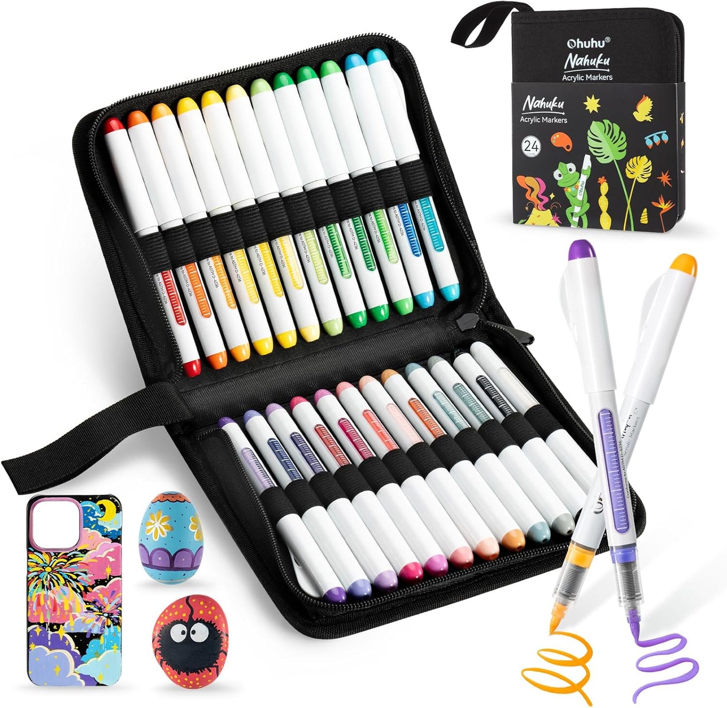 Ohuhu Set 24 Markere Acrilice Nahuku, Direct-ink, Baza Apa, Varf Flexibil, Pentru Sticla, Ceramica, Pietre, Lemn, Plastic, Hartie, Panza, Multicolor Y30-80601-66