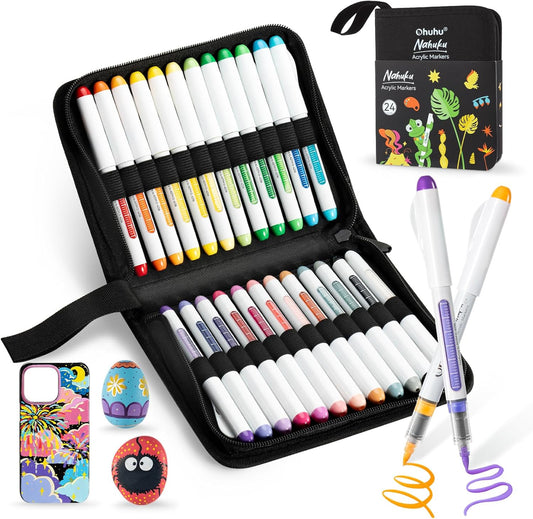 Ohuhu Set 24 Markere Acrilice Nahuku, Direct-ink, Baza Apa, Varf Flexibil, Pentru Sticla, Ceramica, Pietre, Lemn, Plastic, Hartie, Panza, Multicolor Y30-80601-66