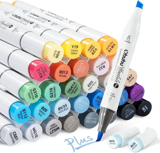 Ohuhu Honolulu Plus, Series Supreme, Set 36 Markere, Baza Alcool, Dual Tips Brush&Chisel, Cu Vârf Pensulă Din Cauciuc, Multicolor, Y30-80403-45