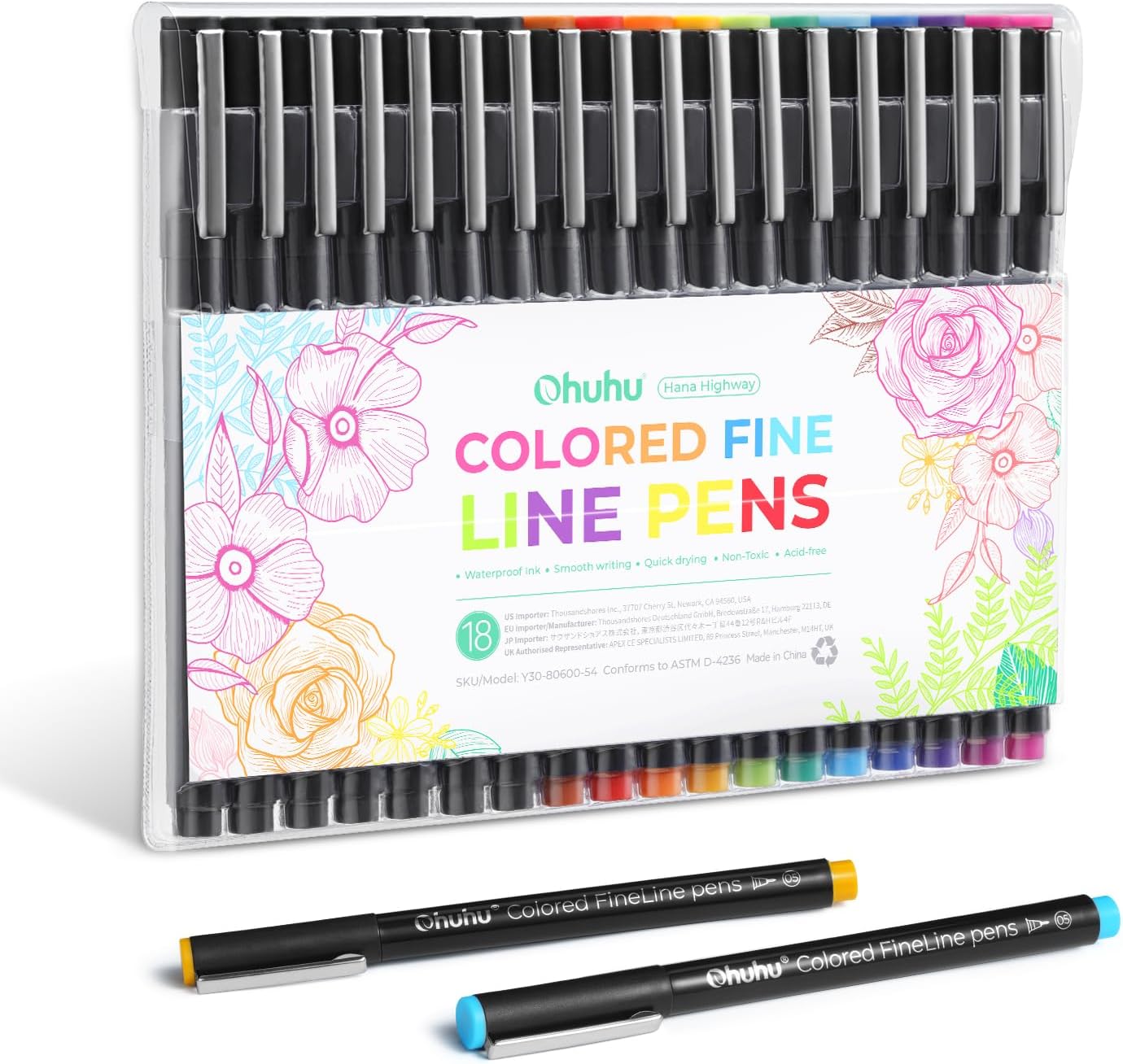 Ohuhu Set 18 Fineliner Hana Highway Pens, Multicolor Y30-80600-54