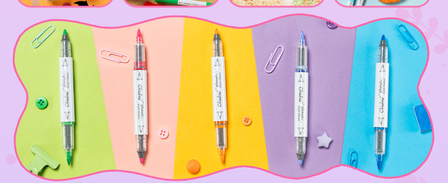 Ohuhu Set 24 Markere Acrilice Waimoku, Baza Apa, Varf Dublu Brush & Bullet, Control Automat Al Cernelii, Opacitate Ridicată, Pentru Sticla, Ceramica, Pietre, Lemn, Plastic, Hartie, Panza, Multicolor, Y30-80601-96