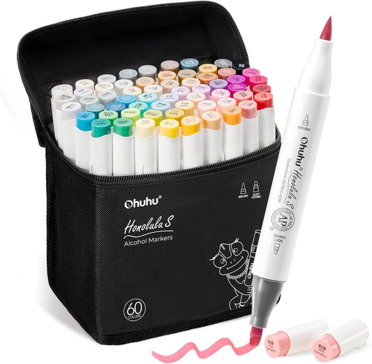 Ohuhu Honolulu S, Set 60 Markere, Baza Alcool, Dual Soft Tips Brush&Soft Chisel, Multicolor Y30-80405-38