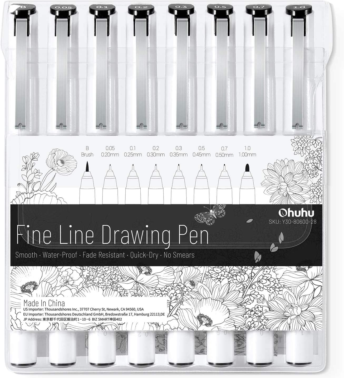 Ohuhu Set de 8 Finelinere, Negru Y30-80600-28