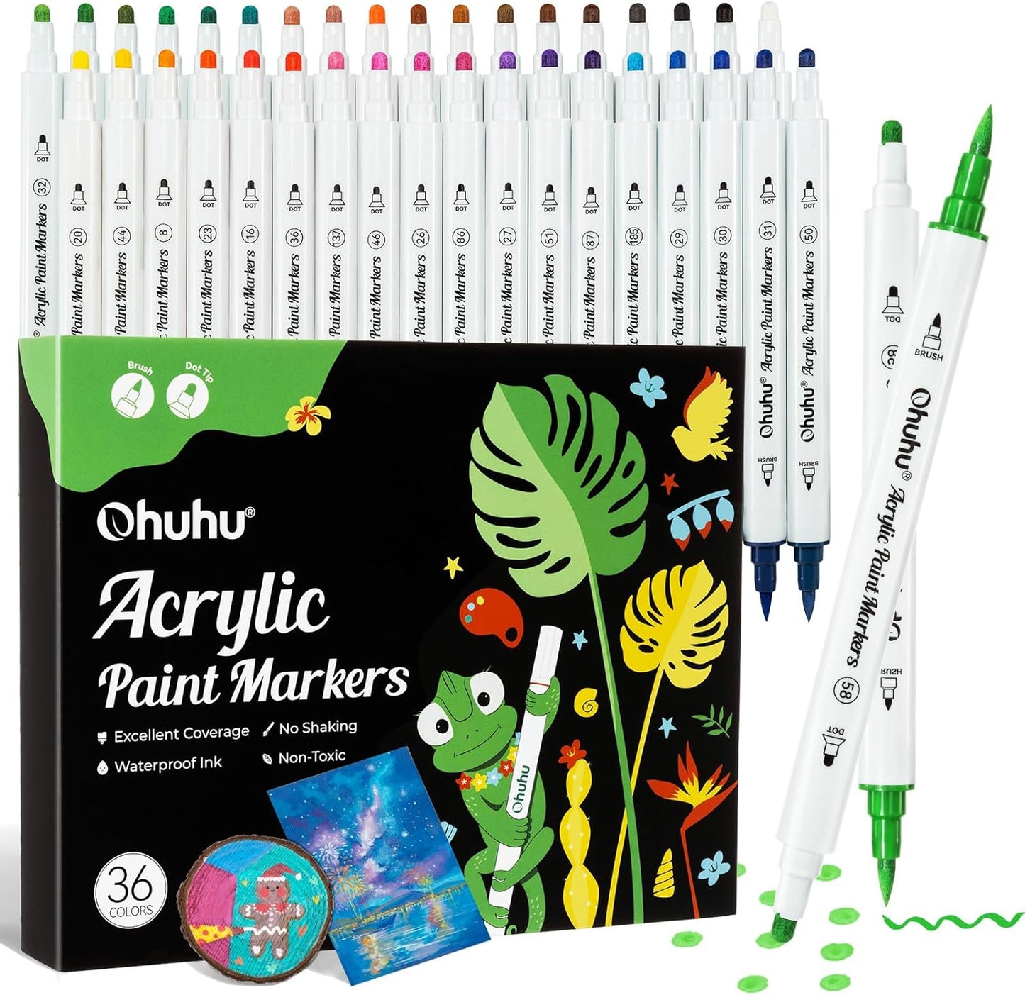 Ohuhu Akaka Set 36 Markere Acrilice, Varf Dublu, Brush si Dots, Rezervor Din Bumbac, Vopsea Cu Opacitate Ridicată Pentru Pictat Pietre, Hartie, Ouă, Lemn, Sticlă, Ceramică Y30-80601-75
