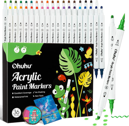Ohuhu Set 36 Markere Acrilice, Varf Dublu, Brush si Dots, Rezervor Din Bumbac, Vopsea Cu Opacitate Ridicată Pentru Pictat Pietre, Hartie, Ouă, Lemn, Sticlă, Ceramică Y30-80601-75