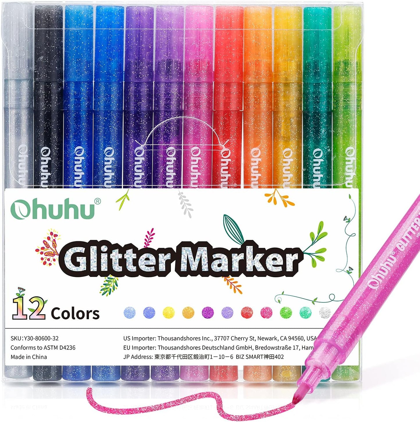 Ohuhu Set 12 Markere Glitter Metallic, Baza Apa, Multicolor Y30-80600-32