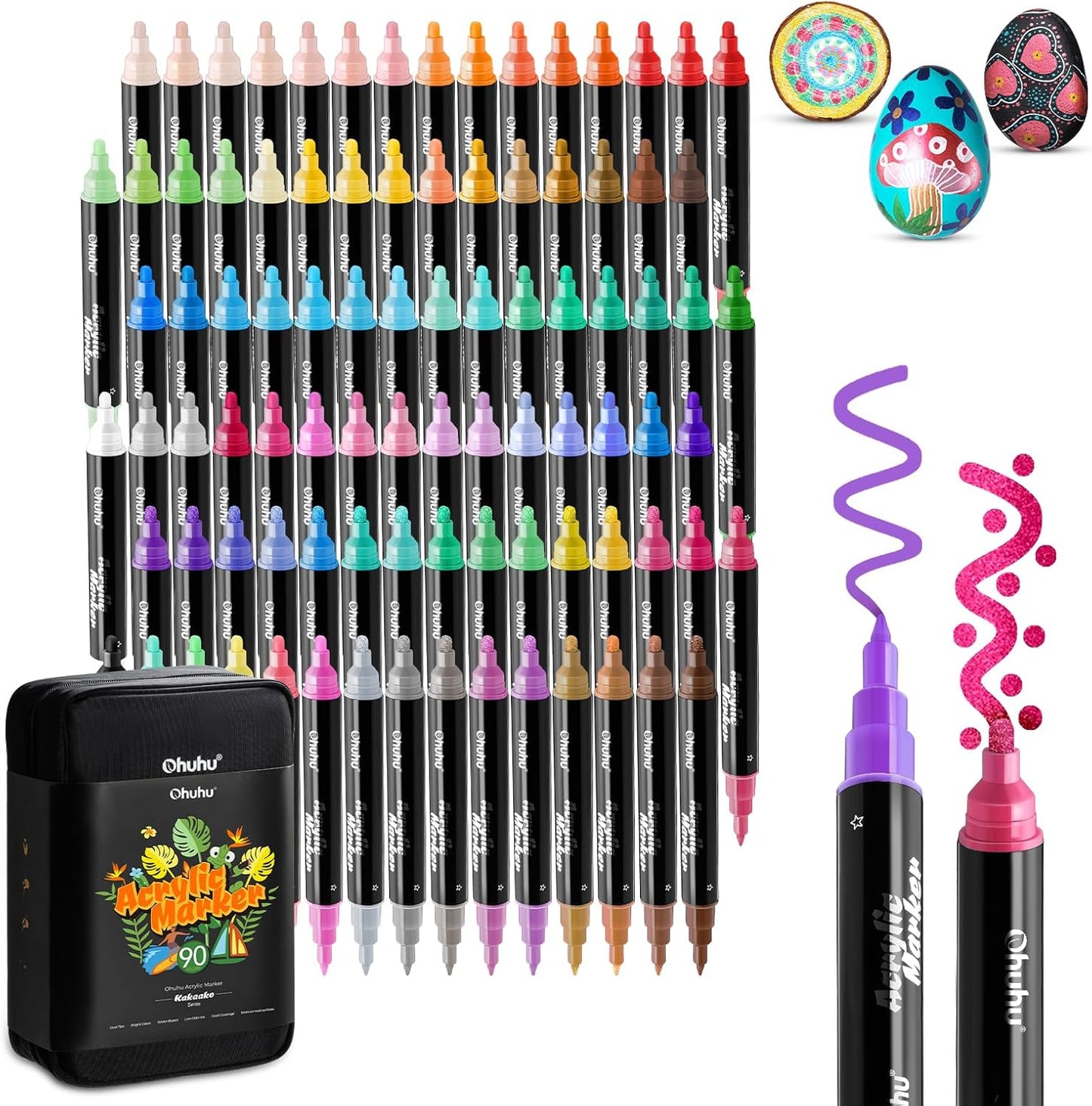 Ohuhu Kakaako Set 90 Markere Acrilice, 24 De Culori Metalice, Varfuri Duble, Rotunde Si Fine, Vopsea Cu Opacitate Ridicată Pentru Pictat Pietre, Hartie, Ouă, Lemn, Sticlă, Ceramică Y30-80601-60