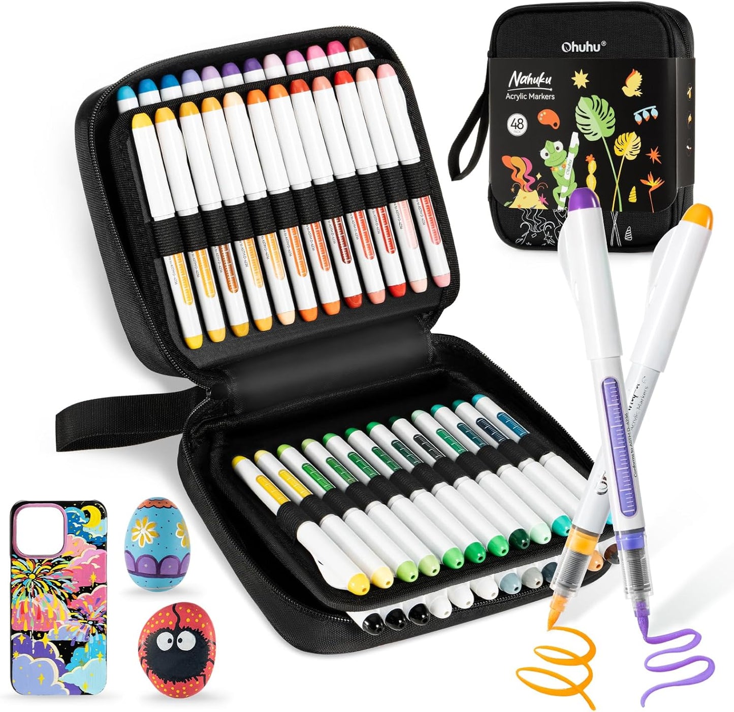Ohuhu Set 48 Markere Acrilice Nahuku, Direct-ink, Baza Apa, Varf Flexibil, Pentru Sticla, Ceramica, Pietre, Lemn, Plastic, Hartie, Panza, Multicolor Y30-80601-84