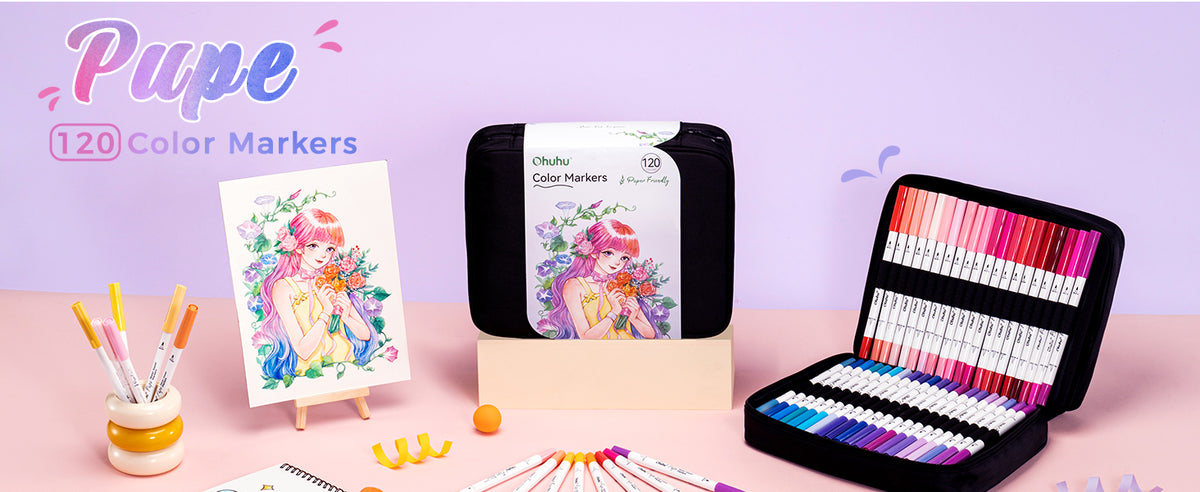 Ohuhu Pupe Set 120 Markere Paper Friendly, Bază Apă, Fără Peeling, Varf Dublu Brush & Fineliner, Non Toxic, Multicolor, Y30-80601-81