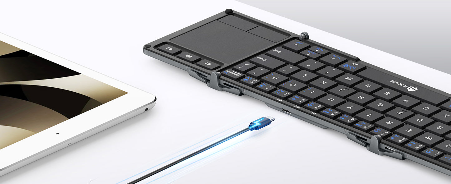 Tastatura Bluetooth 5.1 iClever IC-BK08, Pliabila, Touchpad, USB-C, Constructie Solida Din Aluminiu, Multi Dispozitive, Sisteme De Operare Multiple, 65 Taste, Portabila