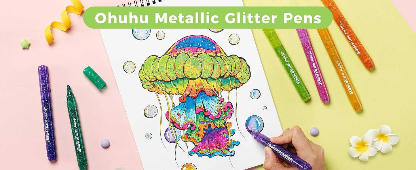 Ohuhu Set 12 Markere Glitter Metallic, Baza Apa, Varf Rotund 3.0 mm, Multicolor Y30-80601-97