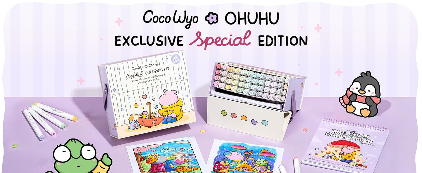 Ohuhu x Coco Wyo Cozy Mood, Honolulu B, Set 48 Markere Bază Alcool, Dual Tips Brush&Fine Si Carte De Colorat, Y30-80406-62