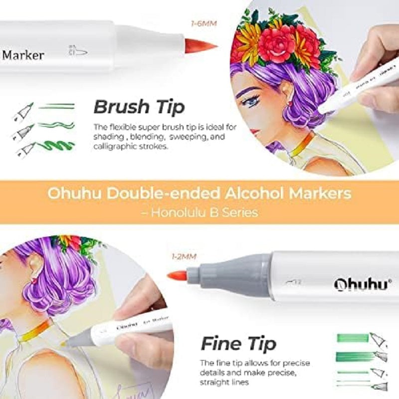 Ohuhu Honolulu B, Set 104 Markere, Baza Alcool, Dual Tips Brush&Fine, Multicolor Y30-80402-55