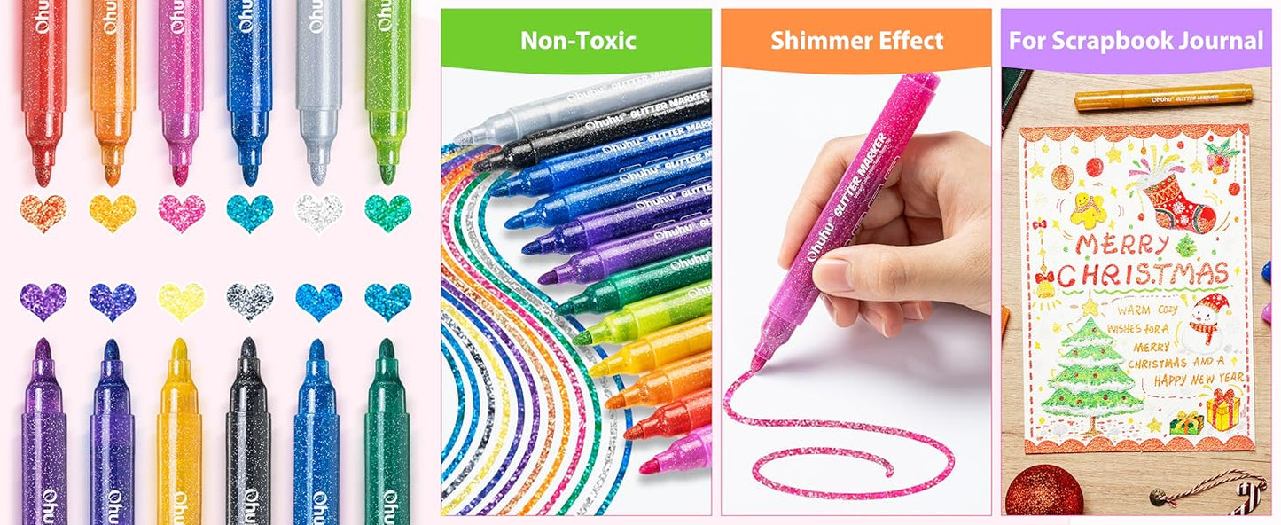 Ohuhu Set 12 Markere Glitter Metallic, Baza Apa, Varf Rotund 3.0 mm, Multicolor Y30-80601-97