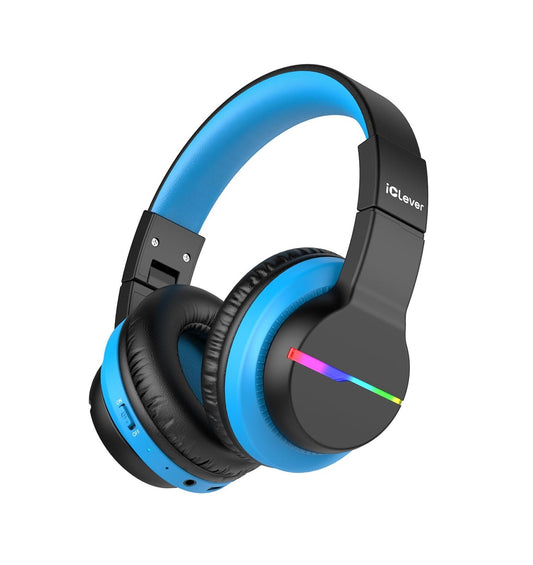 Căști iClever BTH12 Pentru Copii, Wireless, Lumini LED Colorate, Volum Sigur 74/85dBA, Redare 85h, Incărcare Rapidă, Bluetooth 5.2, Microfon Incorporat, Culoare Albastru&Negru