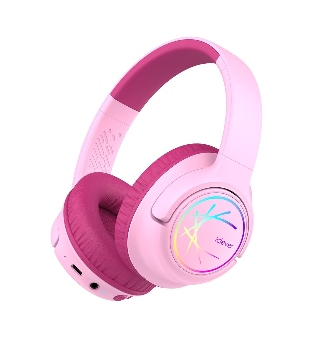 Căști iClever BTH18 Pentru Copii, Lumini LED, 43h redare, Incărcare Rapidă Type-C, Volum Sigur 74/85dBA, Bluetooth 5.3, Culoare Pink