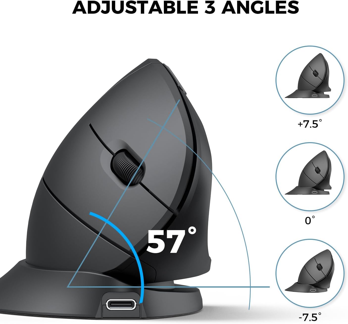 Mouse Ergonomic iClever TM254G, Vertical, Fara Fir, 2.4G, Silentios, 7 Butoane, USB-C, Reincarcabil, 800/1200/1600/2400 DPI, Inclinare reglabila, Negru