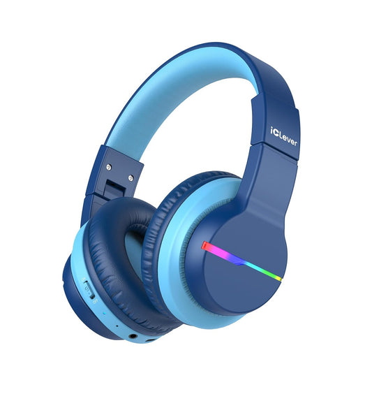 Căști iClever BTH12 Pentru Copii, Wireless, Lumini LED Colorate, Volum Sigur 74/85dBA, Redare 85h, Incărcare Rapidă, Bluetooth 5.2, Microfon Incorporat, Culoare Albastru