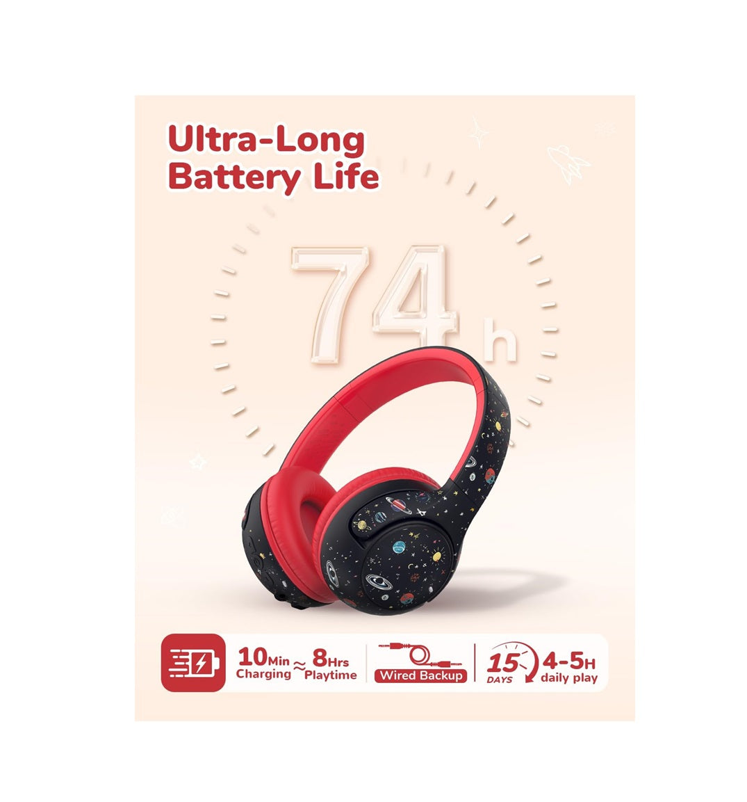 Căști iClever BTH27, Volum Limitat 75/80dBA, Redare 74h, Bluetooth 5.4, Fără BPA, Pentru Copii Mici 2+ ani, Certificare CPC, Culoare Negru