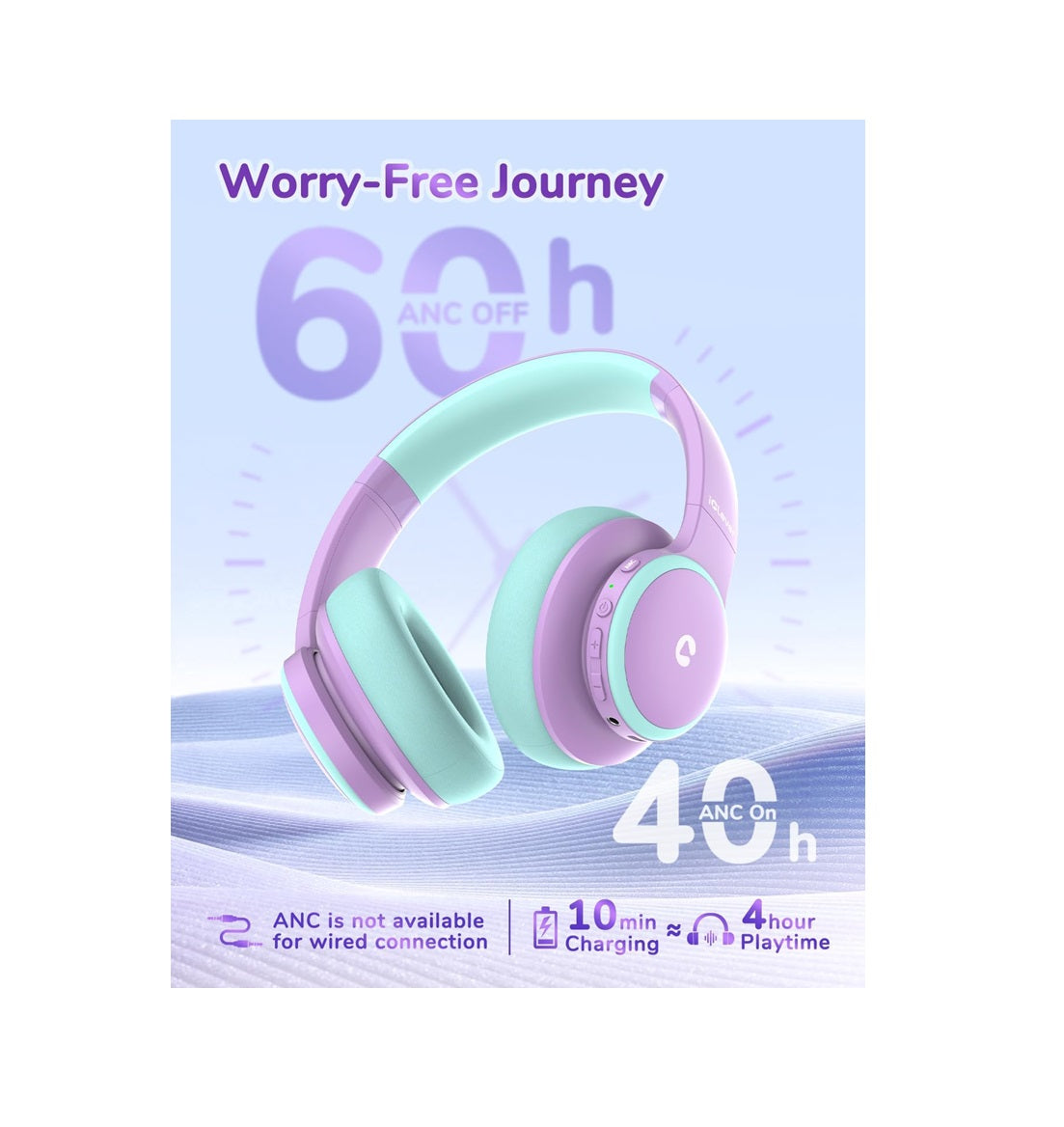 Căști iClever BTH26, Anulare Activă Zgomot, Redare 60h, Volum Sigur 80dBA, Incărcare Rapidă Tip C, Bluetooth 5.4, Culoare Violet