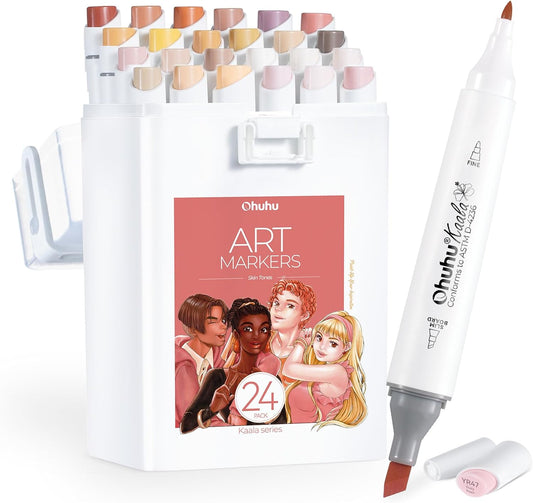 Ohuhu Kaala Series Set 24 Markere, Baza Alcool, Dual Tips Slim Broad&Fine, Skin Tones Y30-80405-40