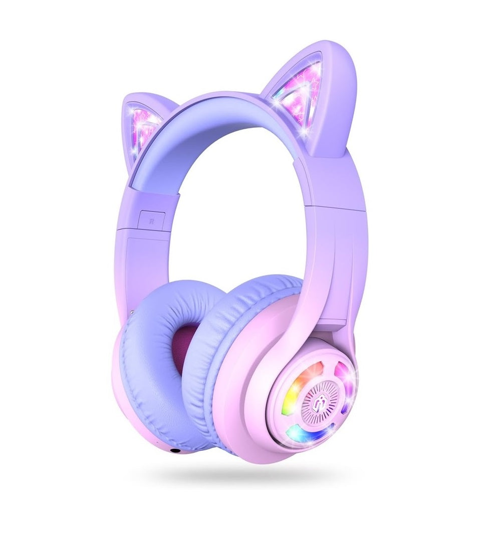 Căști iClever BTH13 Cat Ear Pentru Copii, Bluetooth 5.2, LED RGB , Volum Limitat 74/85dBA, Redare 50h, USB C, Wireless, Culoare Gradient Pink