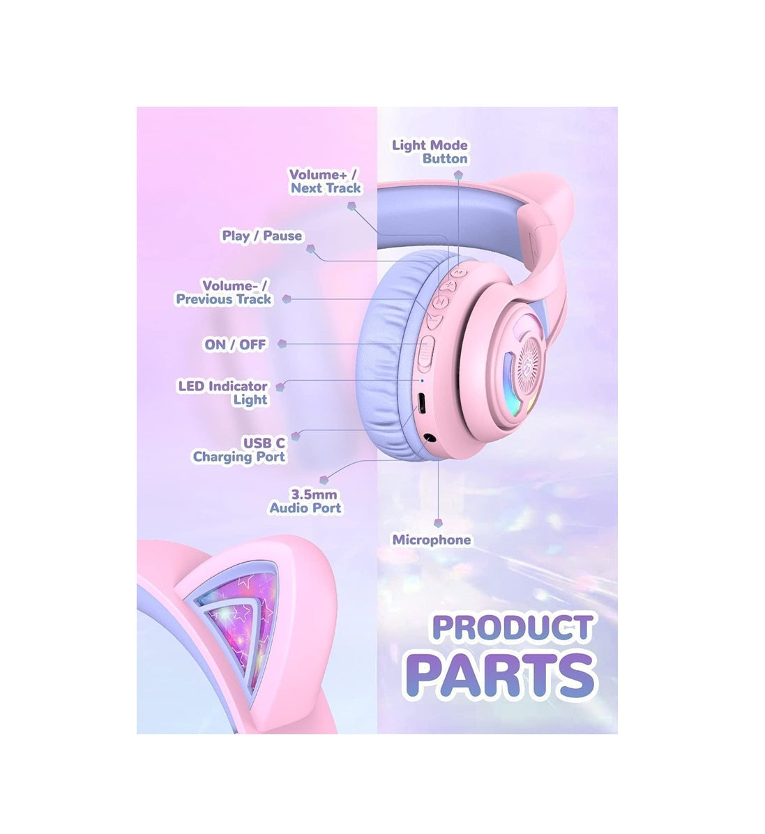 Căști iClever BTH13 Cat Ear Pentru Copii, Bluetooth 5.2, LED RGB , Volum Limitat 74/85dBA, Redare 50h, USB C, Wireless, Culoare Light Purple