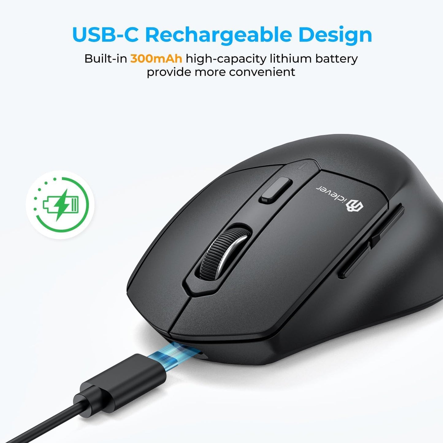 Mouse iClever MD360, Bluetooth, Ergonomic, Fără Fir, Reîncărcabil, Conexiune BT+2,4 Ghz, 4 DPI, USB-C