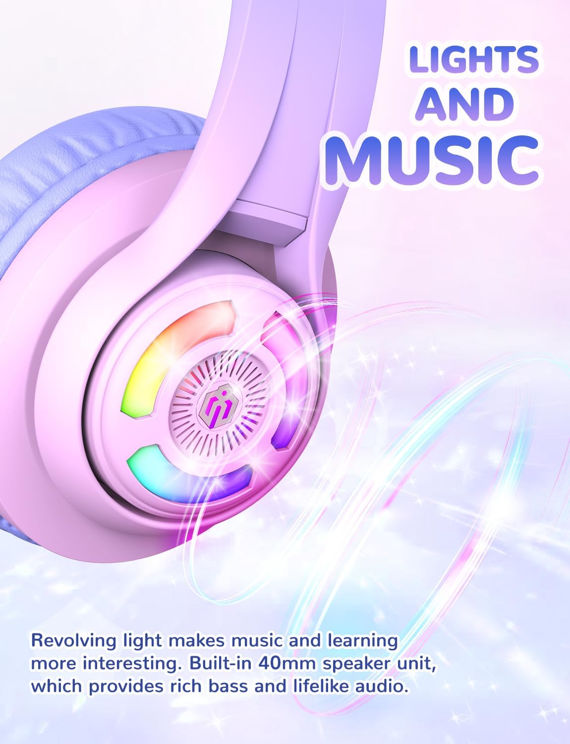 Căști iClever BTH13 Cat Ear Pentru Copii, Bluetooth 5.2, LED RGB , Volum Limitat 74/85dBA, Redare 50h, USB C, Wireless, Culoare Gradient Pink