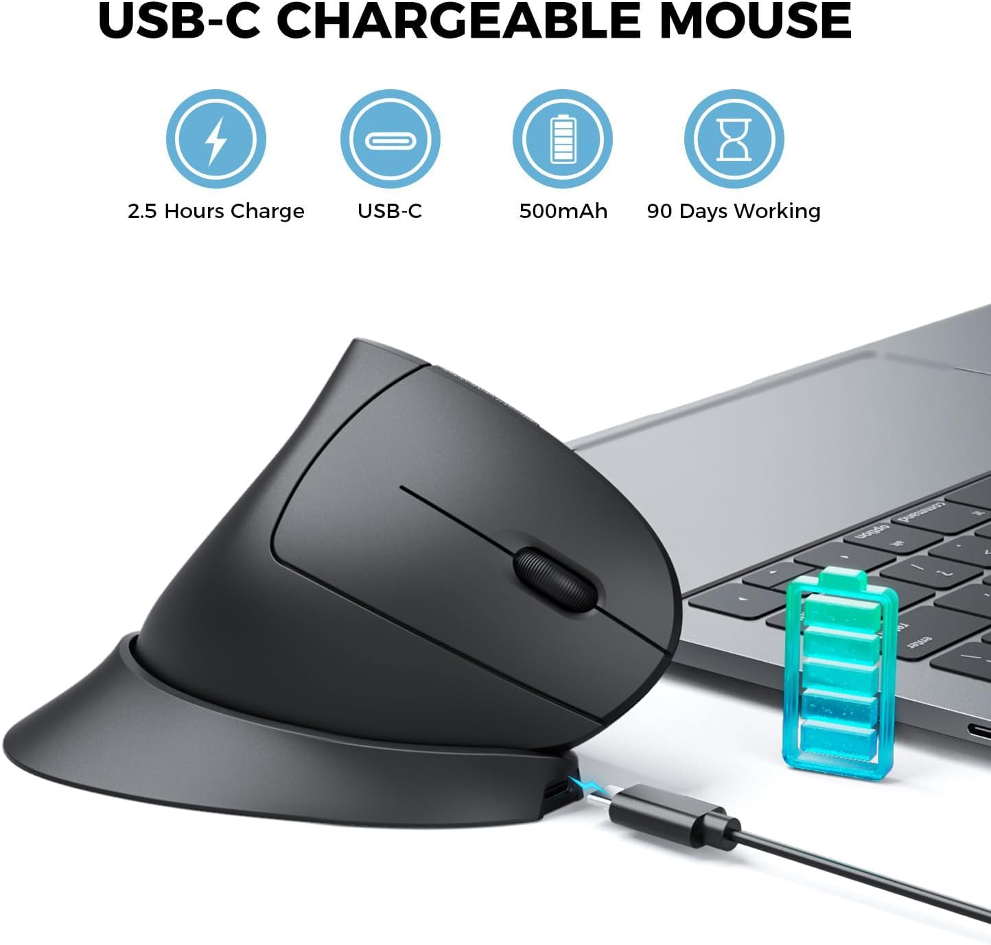 Mouse Ergonomic iClever TM254G, Vertical, Fara Fir, 2.4G, Silentios, 7 Butoane, USB-C, Reincarcabil, 800/1200/1600/2400 DPI, Inclinare reglabila, Negru