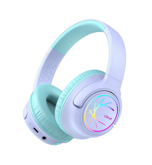 Căști iClever BTH18 Pentru Copii, Lumini LED, 43h redare, Incărcare Rapidă Type-C, Volum Sigur 74/85dBA, Bluetooth 5.3, Culoare Purple