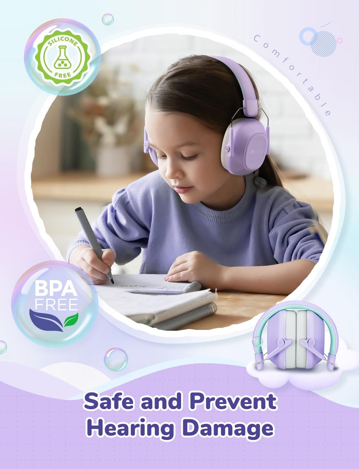 Căști iClever IC-EM01 Antifonice Pentru Copii/Adulți, SNR 29dB, Protecție Auditivă Pentru Autism, Concentrare și Evenimente Zgomotoase, Culoare Purple