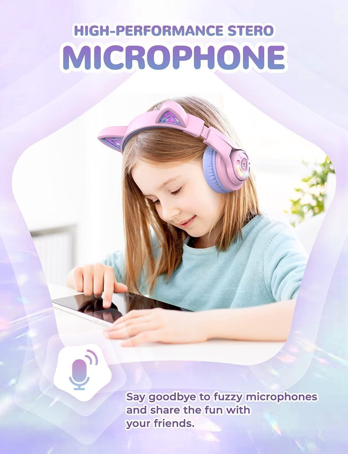 Căști iClever BTH13 Cat Ear Pentru Copii, Bluetooth 5.2, LED RGB , Volum Limitat 74/85dBA, Redare 50h, USB C, Wireless, Culoare Light Purple