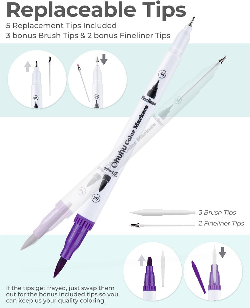 Ohuhu Maui Series Set 60 Markere, Baza Apa, Dual Tips Brush&Fineliner, Multicolor Y30-80400-14