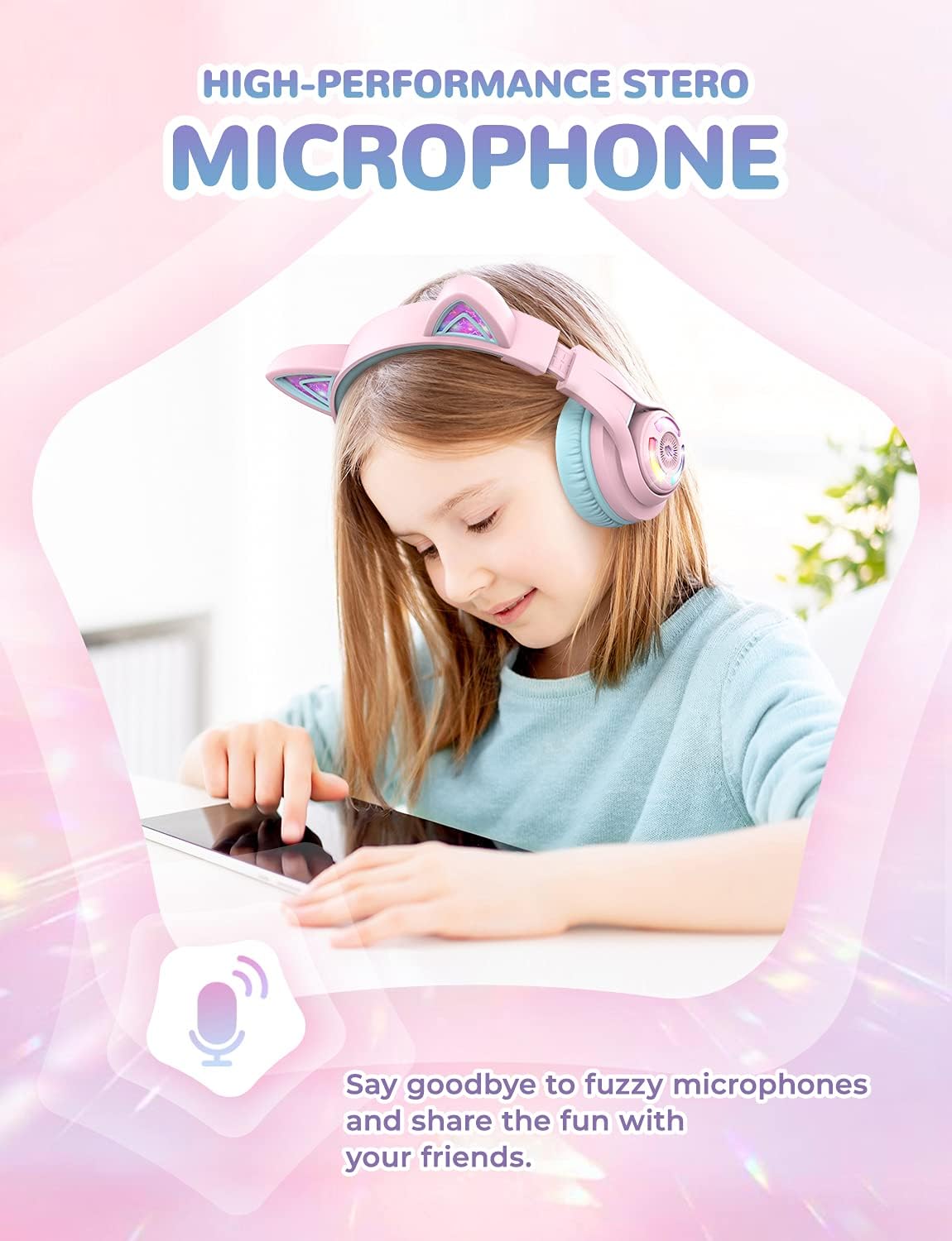 Căști iClever BTH13 Cat Ear Pentru Copii, Bluetooth 5.2, LED RGB , Volum Limitat 74/85dBA, Redare 50h, USB C, Wireless, Meow Macaron Pink